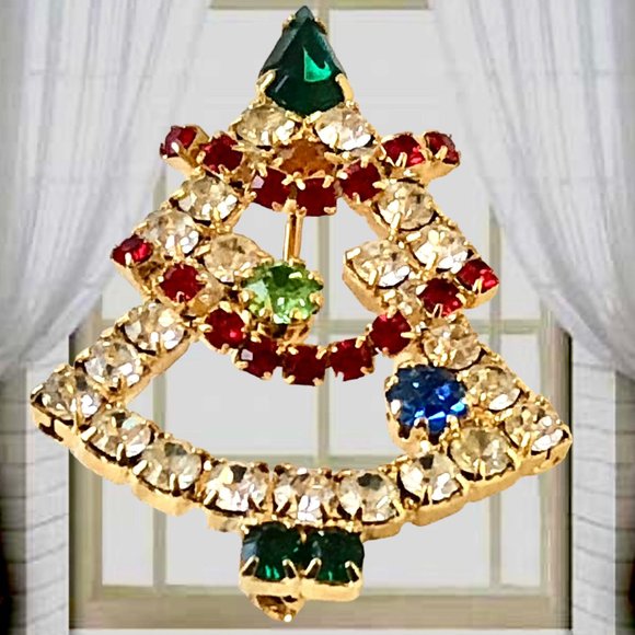 Vintage Christmas Brooch Christmas Tree + Bow Bells Lot of 2 Pins - Picture 4 of 11